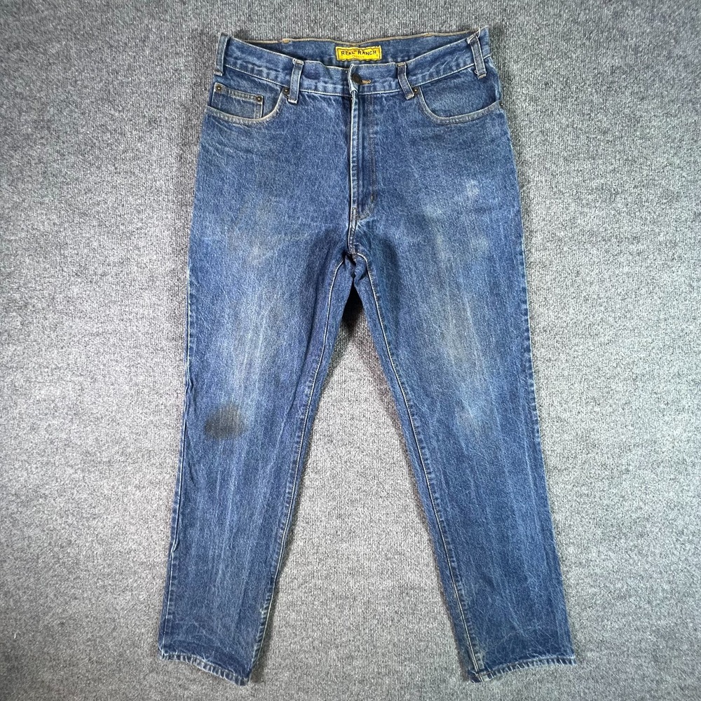 Real Ranch Jeans Men's 33x36 Blue Cotton Denim Straight Faded Workwear Whiskers